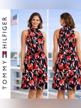 ✂️  3/$25! Tommy Hilfiger Floral A-Line Halter Mock-neck midi black-red-white 8